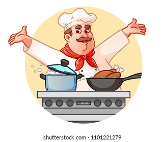 The chef prepares at the stove. The image is suitable for restaurants, cafes, restaurants, menus.