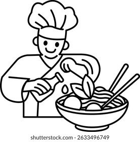 A chef is preparing a bowl of noodles with a bottle of sauce. The chef is smiling and he is enjoying the process of cooking. The bowl of noodles is placed on a table