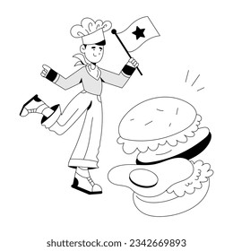 Chefkoch, der Hamburger bereitet, handgezeichnet 