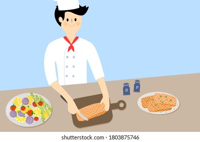 Chef is preparing to cook salmon steak