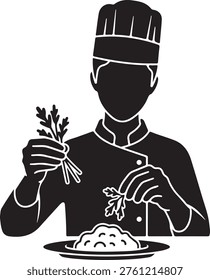 Chef preparing a dish with fresh herbs in a professional kitchen setting silhouette vector icon