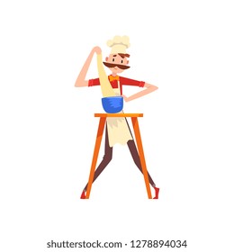 Chef preparing dough for bakery, pizza maker character, stage of preparing Italian pizza vector Illustration