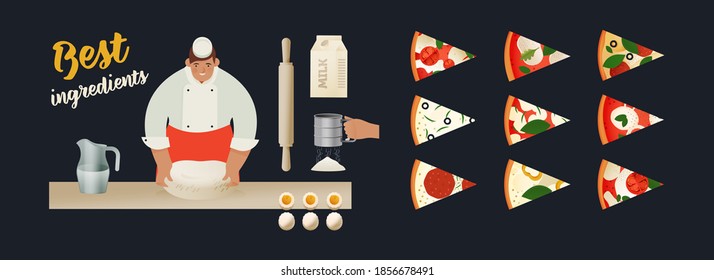 Chef Preparing Dough Pizza. Modern Flat Vector Concept Illustrations. Man Wearing Overalls. Various Pizza Slices,  Ingredients, Roller, Flour, Milk, Eggs, Water.