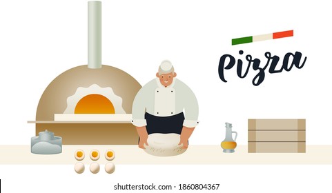 Chef Preparing Dough Pizza near Oven in the Restaurant. Modern Flat Vector Concept Illustrations. Flour, Eggs, Olive Oil. Pizza Cardboard Boxes.