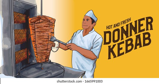 chef preparing fast food doner kebab illustration