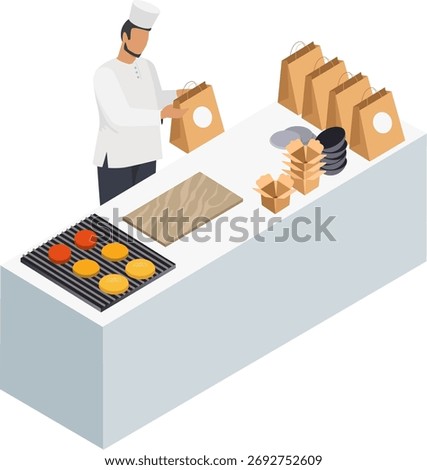 Chef preparing food for delivery, vector isometric illustration