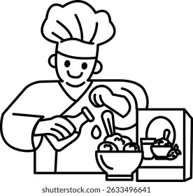 A chef is preparing food in a kitchen. He is smiling and he is enjoying himself. The kitchen is well-equipped with various utensils and appliances, including a bottle, a bowl, a spoon, and a knife