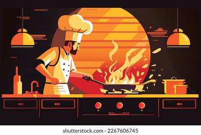 Chef preparing food, meal, in the kitchen, chef cooking, chef at work, vector illustration