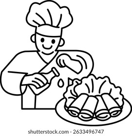 A chef is preparing food on a plate. The chef is smiling and he is enjoying his work. The food on the plate consists of a variety of rolls and a bottle of sauce. Concept of warmth and happiness
