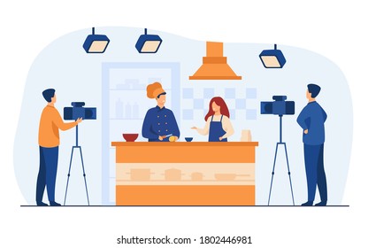 Chef Preparing Food On Popular TV Show Isolated Flat Vector Illustration. Cartoon People Cooking Fruit Salad On Camera. Television And Culinary Concept