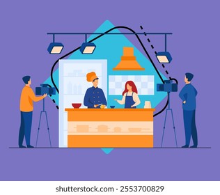 Chef preparing food on popular TV show isolated flat vector illustration. Cartoon people cooking fruit salad on camera. Television and culinary concept