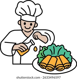 A chef is preparing a meal with a bottle of oil. The chef is smiling and he is enjoying the process of cooking. The meal consists of a plate of food with a variety of ingredients, including lettuce