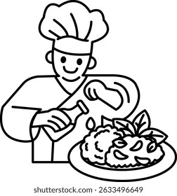 A chef is preparing a meal with a bottle of oil. The chef is smiling and he is enjoying the process of cooking. The meal consists of a salad with various vegetables, including broccoli and carrots