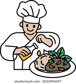 A chef is preparing a meal with a bottle of oil. The chef is smiling and he is enjoying the process of cooking. The meal consists of a plate of food with a variety of ingredients, including vegetables