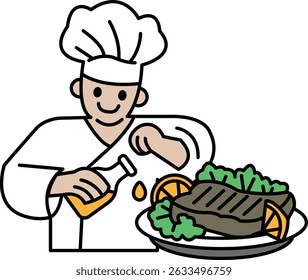 A chef is preparing a meal with a bottle of oil and a plate of food. The chef is smiling and he is enjoying the process of cooking. Concept of warmth and happiness