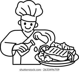 A chef is preparing a meal with a bottle of sauce. The chef is smiling and he is enjoying the process of cooking. The meal consists of a grilled fish, a salad, and a bottle of sauce