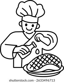 Um chef está preparando uma refeição e está sorrindo. O chef está usando um chapéu e avental branco