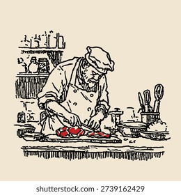 Chef preparing meat in a traditional kitchen. Hand rawn, pen and ink style vintage illustration.