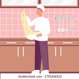 Chef preparing pizza dough rolling with hands. Flat vector color cartoon icon