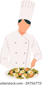Chef preparing salad wearing white uniform. Professional cook garnishing dish confidently. Culinary expert hat presenting fresh food
