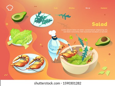 Chef preparing a salad. Web site concept. Colored spots on bright gradients.