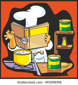 Chef preparing soup and holding recipe cookbook. Table in restaurant kitchen interior. Flat vector color illustration.