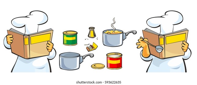 Chef preparing soup and holding recipe cookbook. Flat vector color illustration.
