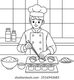 Chef Preparing Sushi Outline Coloring Page. Labor Day Illustration