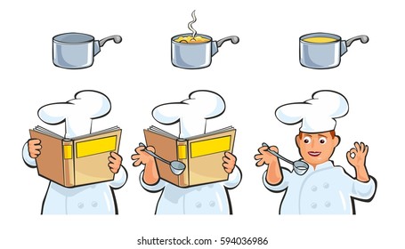 Chef preparing and tasting soup, holding recipe cookbook. Flat vector color illustration. Isolated on white background