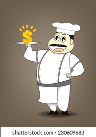  chef presenting a gold  dollar sign on a tray
