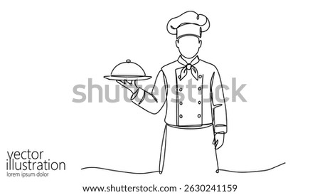 Chef presents dish one line drawing. Single continuous line cook serving food minimal style. Restaurant catering cooking culinary food service artwork. Simple outline white background vector