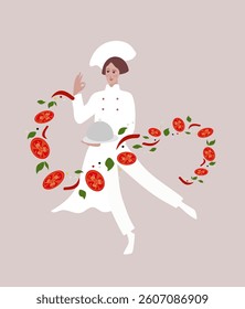 A chef presents novel culinary components with enthusiasm amid vibrant vegetables and spices .Vector illustration of a chef in a white uniform with a dish in his hands and tomatoes, spices, chili