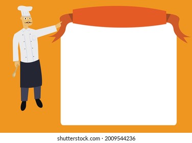 A chef presents a signboard layout with ribbon for announcements or menu lists. Editable Clip Art.