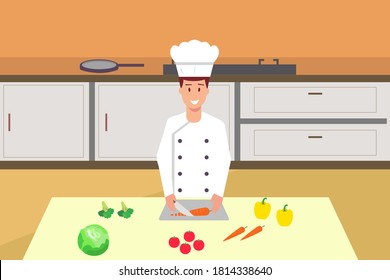 Chef profession vector concept: Male chef wearing uniform and cooking vegetable in the kitchen