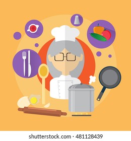 Chef Professional Cook Senior Woman Icon Flat Vector Illustration
