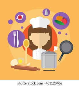 Chef Professional Cook Woman Icon Flat Vector Illustration