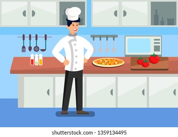 Chef in Professional Kitchen Cartoon Illustration. Cooking TV Show. Pizzaiolo Preparing Dishes. Raw Tomatoes on Cutting Board. Confident Restaurant Worker Wearing Uniform Flat Character