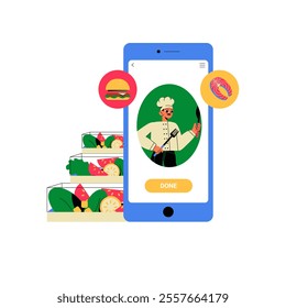 Chef Profile On Food Delivery App With Meal Options In Flat Vector Illustration Symbolizing Digital Ordering, Cooking, And Online Food Services, Isolated On White Background