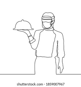 chef and protective helmet   mask stands holding dish and lid  one line drawing chef holding ready  made dish that he prepared according to safety rules during pandemic