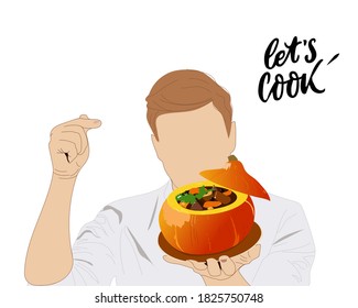 Chef con un plato de calabaza. ¡Vamos a cocinarlo! 