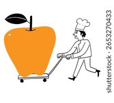 Chef pushing an apple cart. Hand drawing vector illustration.