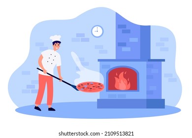 Chef putting pizza on shovel to brick stone oven with fire. Work of traditional male baker flat vector illustration. Profession, pizzeria concept for banner, website design or landing web page