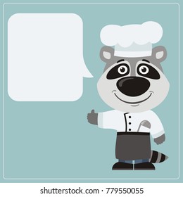 Chef raccoon with speech bubble in cartoon style. Smiling cook says and shows "like".