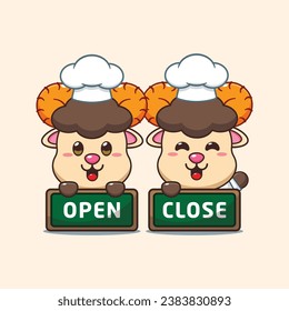 Chef ram sheep cartoon vector with open and close board. 