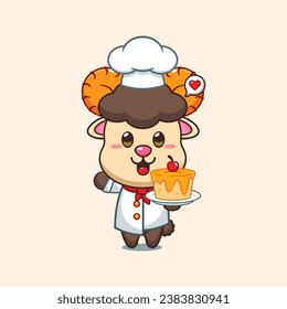 Chef ram sheep cartoon vector with cake. 