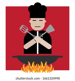 Chef listo para cocinar delante de una sartén caliente con fuego arriba, icono de Top Chef
