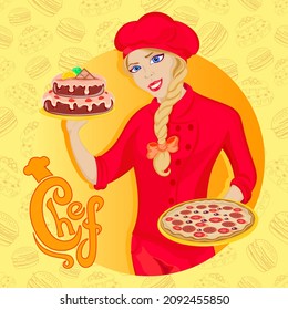 The chef is ready to fulfill any culinary whim, on seamless pattern background, vector illustration, person