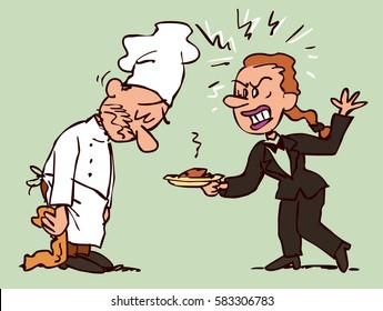 Chef receiving a reprimand from the head of the restaurant, sad.
