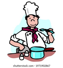 A chef in a red tie. The cook tastes the food. The chef holds a spoon and a casserole