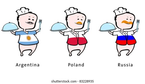 Chef of restaurant from Argentina, Poland, Russia - vector illustration - An Argentinian chef, a Polish chef, a Russian chef